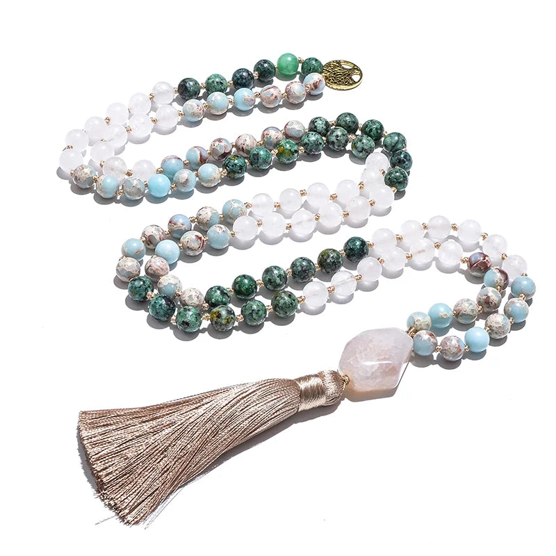 108 Bead Japamala Necklace – White Jade, African Turquoise & Emperor Jasper Meditation Mala for Yoga & Mindfulness (8mm)