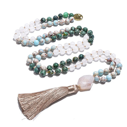 108 Bead Japamala Necklace – White Jade, African Turquoise & Emperor Jasper Meditation Mala for Yoga & Mindfulness (8mm)