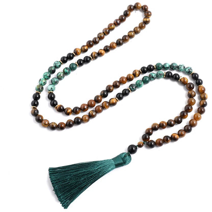 108 Bead Mala Necklace Set – Yellow Tiger Eye, African Turquoise & Black Onyx for Meditation, Yoga & Spiritual Healing (8mm)