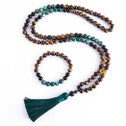 108 Bead Mala Necklace Set – Yellow Tiger Eye, African Turquoise & Black Onyx for Meditation, Yoga & Spiritual Healing (8mm)