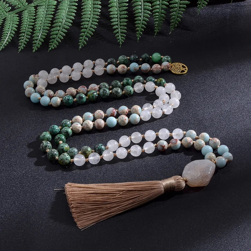 108 Bead Japamala Necklace – White Jade, African Turquoise & Emperor Jasper Meditation Mala for Yoga & Mindfulness (8mm)