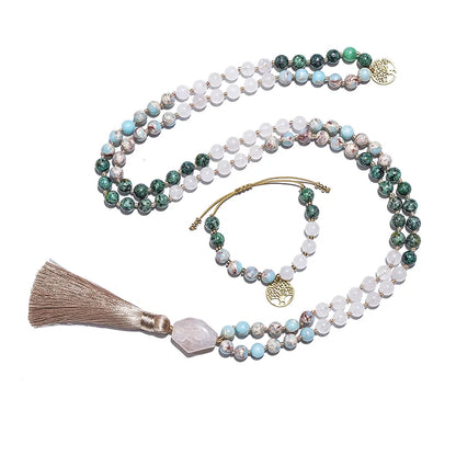 108 Bead Japamala Necklace – White Jade, African Turquoise & Emperor Jasper Meditation Mala for Yoga & Mindfulness (8mm)