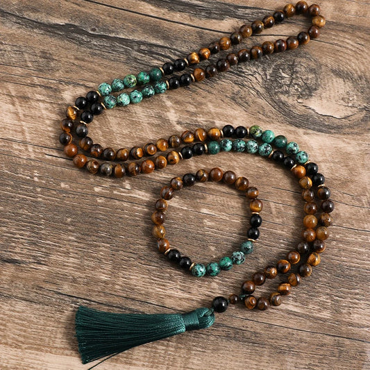 108 Bead Mala Necklace Set – Yellow Tiger Eye, African Turquoise & Black Onyx for Meditation, Yoga & Spiritual Healing (8mm)