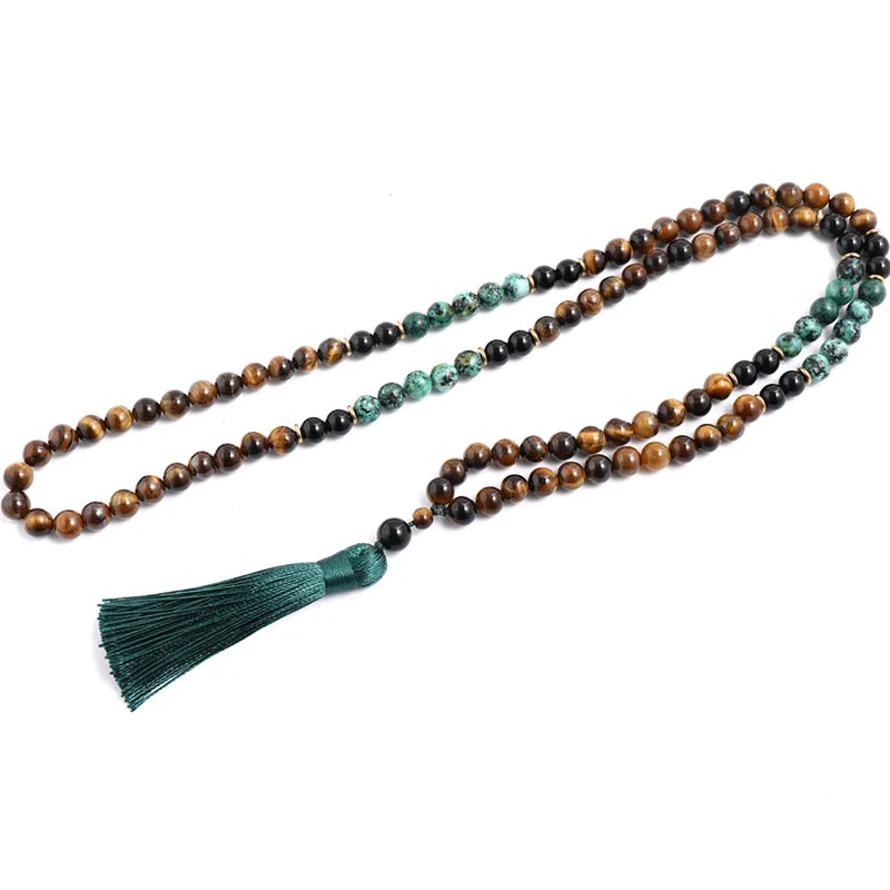 108 Bead Mala Necklace Set – Yellow Tiger Eye, African Turquoise & Black Onyx for Meditation, Yoga & Spiritual Healing (8mm)