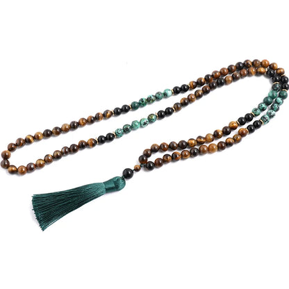 108 Bead Mala Necklace Set – Yellow Tiger Eye, African Turquoise & Black Onyx for Meditation, Yoga & Spiritual Healing (8mm)