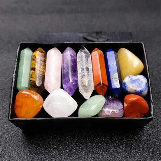 14-Piece Chakra Healing Crystal Set – Pointed Quartz & Hexagonal Rose Quartz for Meditation & Home Décor