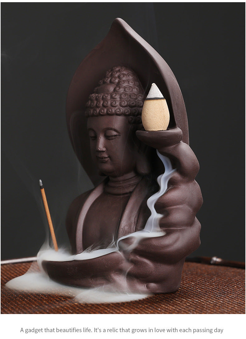 Auspicious Clouds Buddha Backflow Incense Burner – Elegant Purple Clay Incense Holder for Meditation & Calm