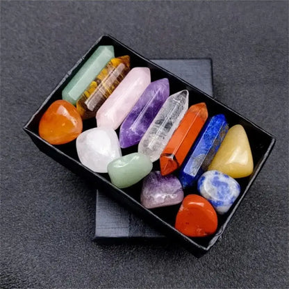 14-Piece Chakra Healing Crystal Set – Pointed Quartz & Hexagonal Rose Quartz for Meditation & Home Décor