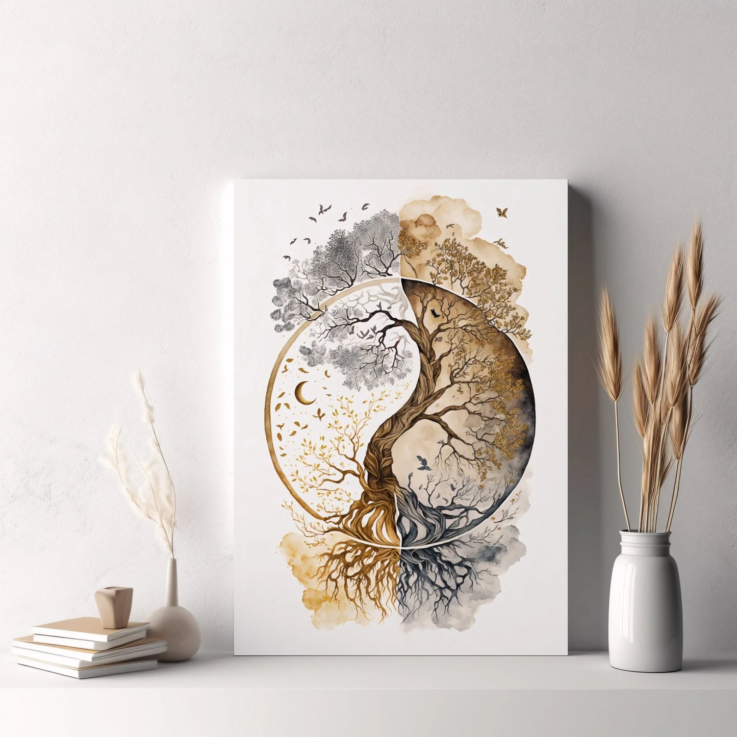 Nordic Tree of Life & Buddha Wall Art – Modern Spiritual Canvas Prints with Lotus, Tai Chi & Yoga Design for Living Room Décor