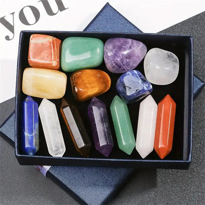 14-Piece Chakra Healing Crystal Set – Pointed Quartz & Hexagonal Rose Quartz for Meditation & Home Décor