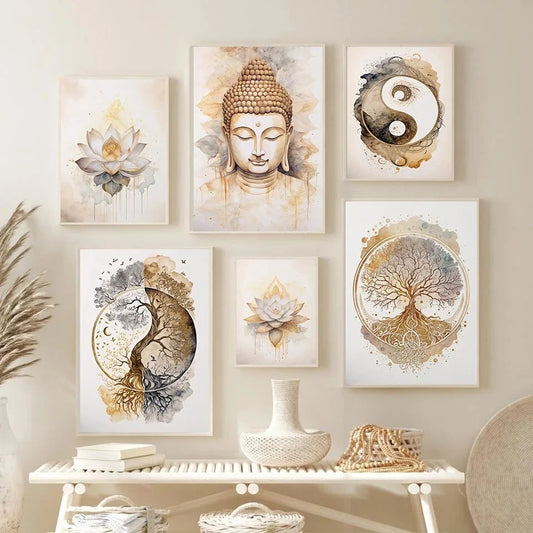 Nordic Tree of Life & Buddha Wall Art – Modern Spiritual Canvas Prints with Lotus, Tai Chi & Yoga Design for Living Room Décor